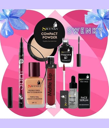 swenky long-wear compact foundation eyeliner mascara liquid lipstick & face serum (Pack of 6)