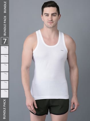 Men's White Pack of 7 Solid Combed Cotton Shrinkless Vest