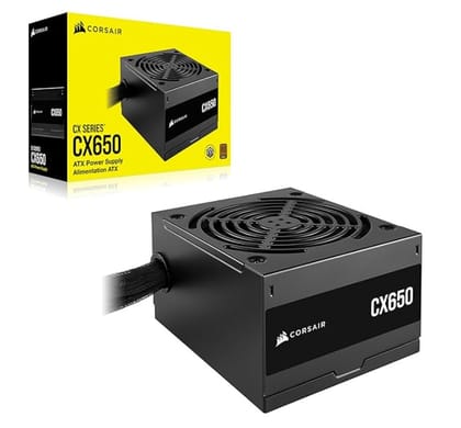 CORSAIR Series CX650 80 Plus Bronze ATX Power Supply, A 120mm thermally Controlled Low-Noise Cooling Fan, Compact 125mm-long casing, Black Sleeved Cables and Powder-Coated casing CORSAIR Series CX650 80 Plus Bronze ATX Power Supply, A 120mm thermally Controlled Low-Noise Cooling Fan, Compact 125mm-long casing, Black Sleeved Cables and Powder-Coated casing