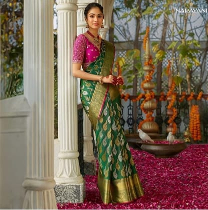 Women's Silk Printed Saree With Unstitched Blouse 5.5Mtr (Green)-PID60270