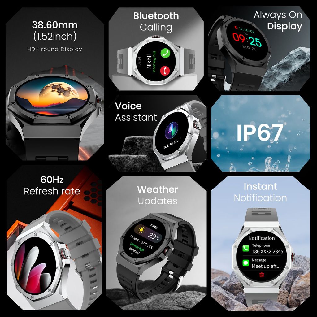 CELLECOR E4 Edge 1.52" HD+ Round Display with 850 NITS | BT-Calling | AOD | Smartwatch (Silver Grey)