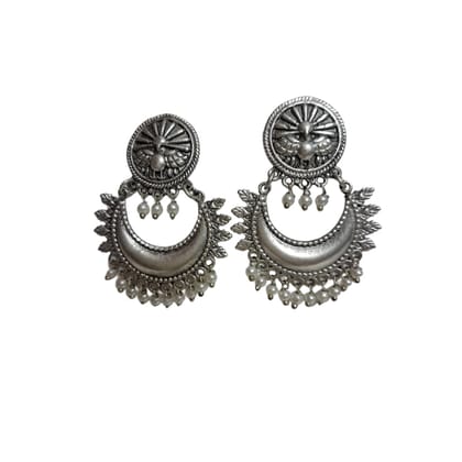 Anvaya Collections Oxidized Silver Chandbali Earrings with Pearl Drops, Traditional Indian Design