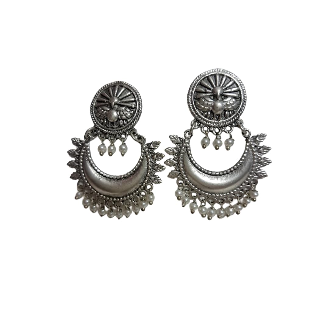 Anvaya Collections Oxidized Silver Chandbali Earrings with Pearl Drops, Traditional Indian Design