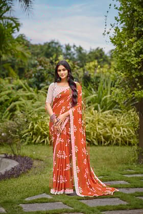 Handicraft Ladies Ikat Pure soft Cotton Sari With Blouse Piece-Orange