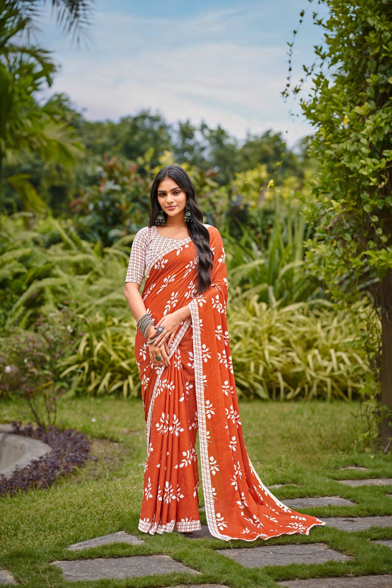 Handicraft Ladies Ikat Pure soft Cotton Sari With Blouse Piece-Orange
