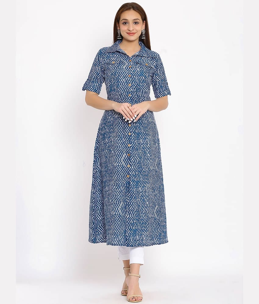 FabbibaPrints - Blue Cotton Blend Women's Flared Kurti ( Pack of 1 )