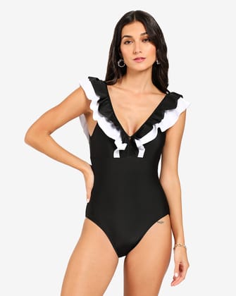 Ruffle V- Neck One-Piece Swimsuit-S