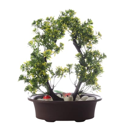 FOLIYAJ Artificial U Shaped Bonsai Tree with Plastic Pot (Multicolour, 1 Piece)