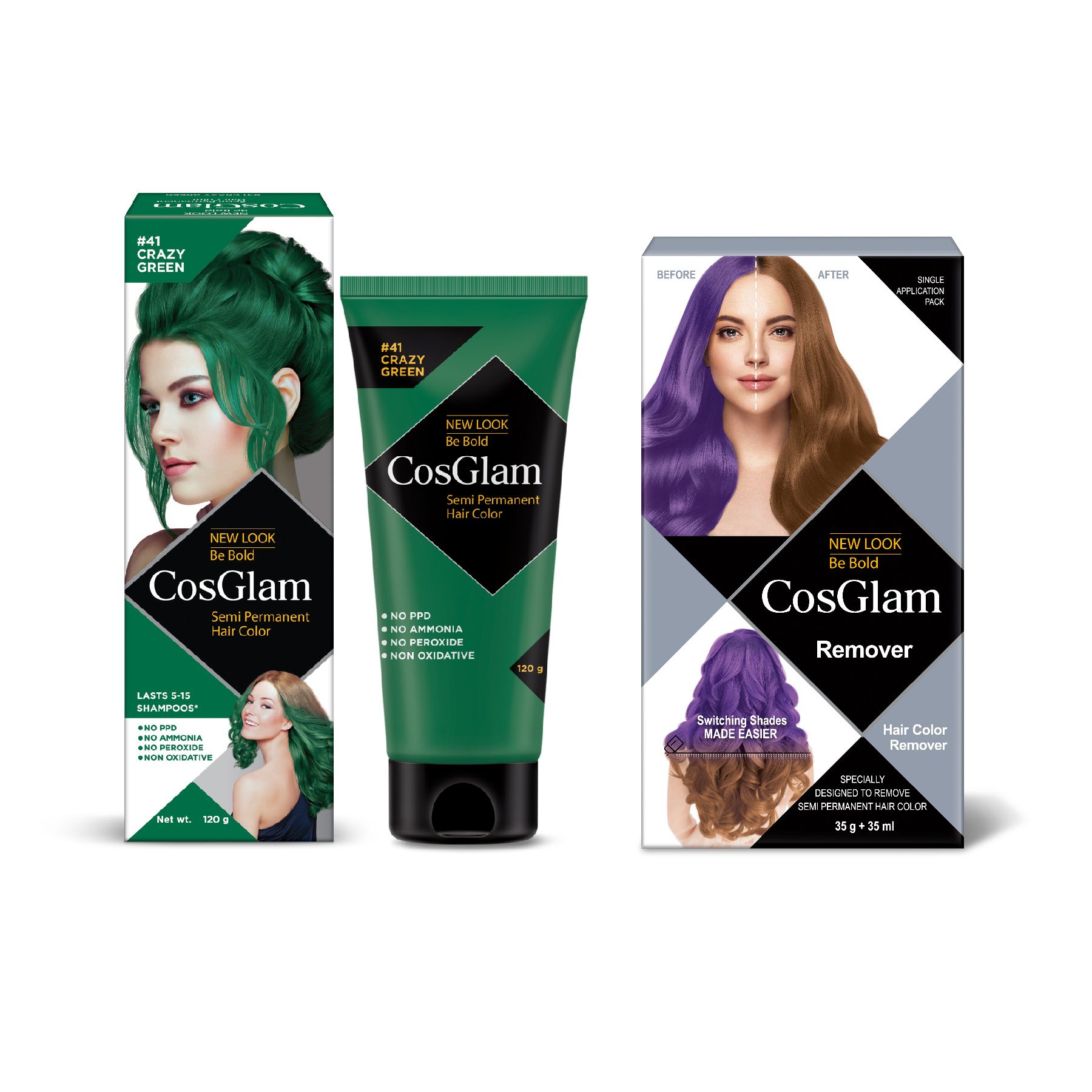 COSGLAM Semi Permanent Hair Color Crazy Green 120g and Hair Color Remover 70ml, Switching Shades Made Easy