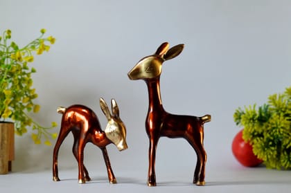 Brass Standing Deer Pair Statue (Color - Golden, Size - 6H *4L*1.5B & 4.5H *4.5L*1.5B) by Snova Enterprises