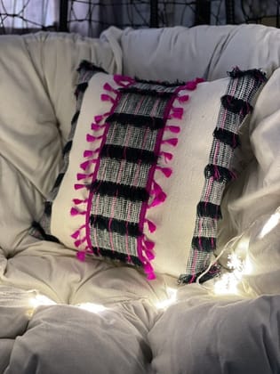 KRI India Distressed Striped Black and Pink Cushion Covers 16x16" | Wash & Care | 100% Cotton | Handcrafted in India. 100% organic & natural.