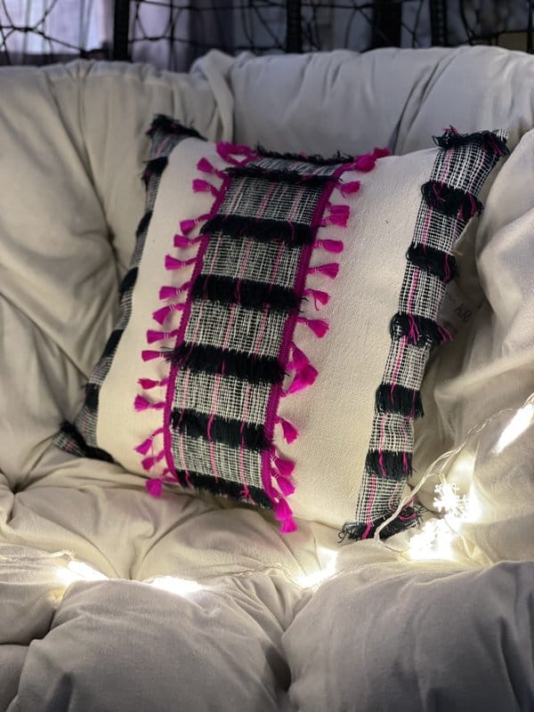 KRI India Distressed Striped Black and Pink Cushion Covers 16x16" | Wash & Care | 100% Cotton | Handcrafted in India. 100% organic & natural.