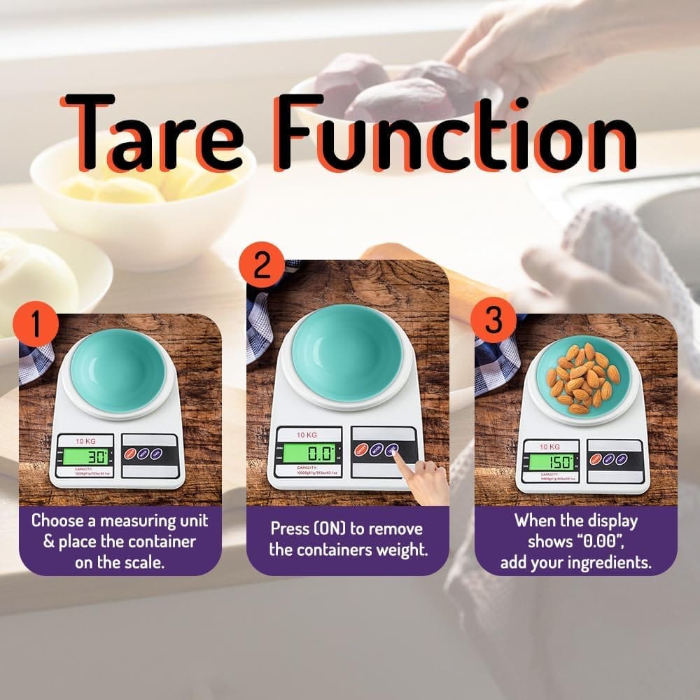 Digital Kitchen Food Weighing Scale For Healthy Living, Home Baking, Cooking, Fitness & Balanced Diet. | 1 Year Warranty | 10Kg x 1gms with 2 Batteries Included, SF400/A121, Color May vary