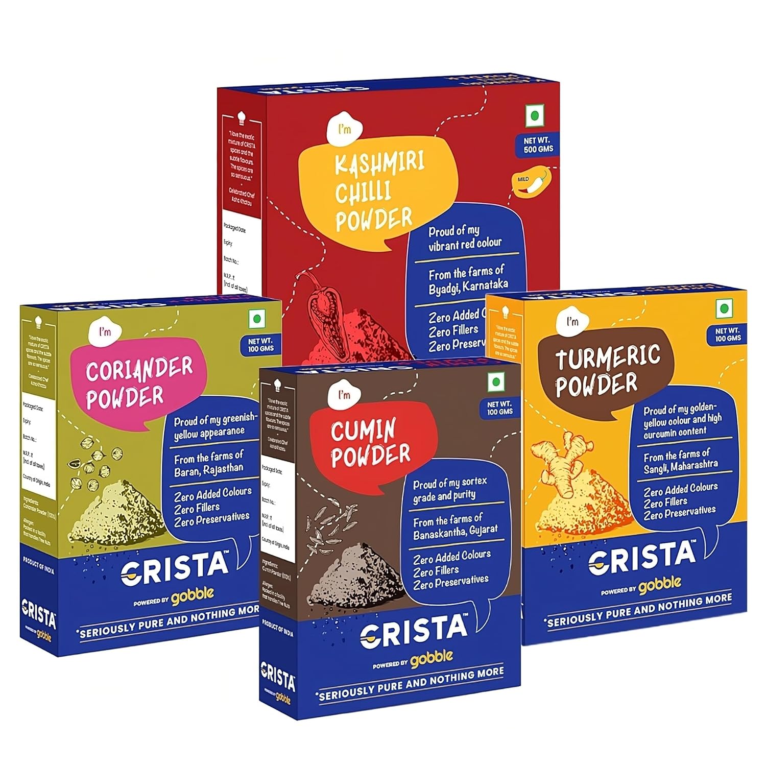 CRISTA Daily Ground Spices (Masala) Combo Pack (Cumin Powder 100 gm, Coriander Powder 100 gm, Turmeric Powder 100 gm & Kashmiri Chilli Powder 500 gm) - Pack of 4