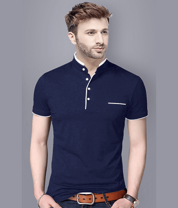 Reya Cotton Blend Regular Fit Solid Half Sleeves Men's Mandarin Collar T-Shirt - Blue ( Pack of 1 )