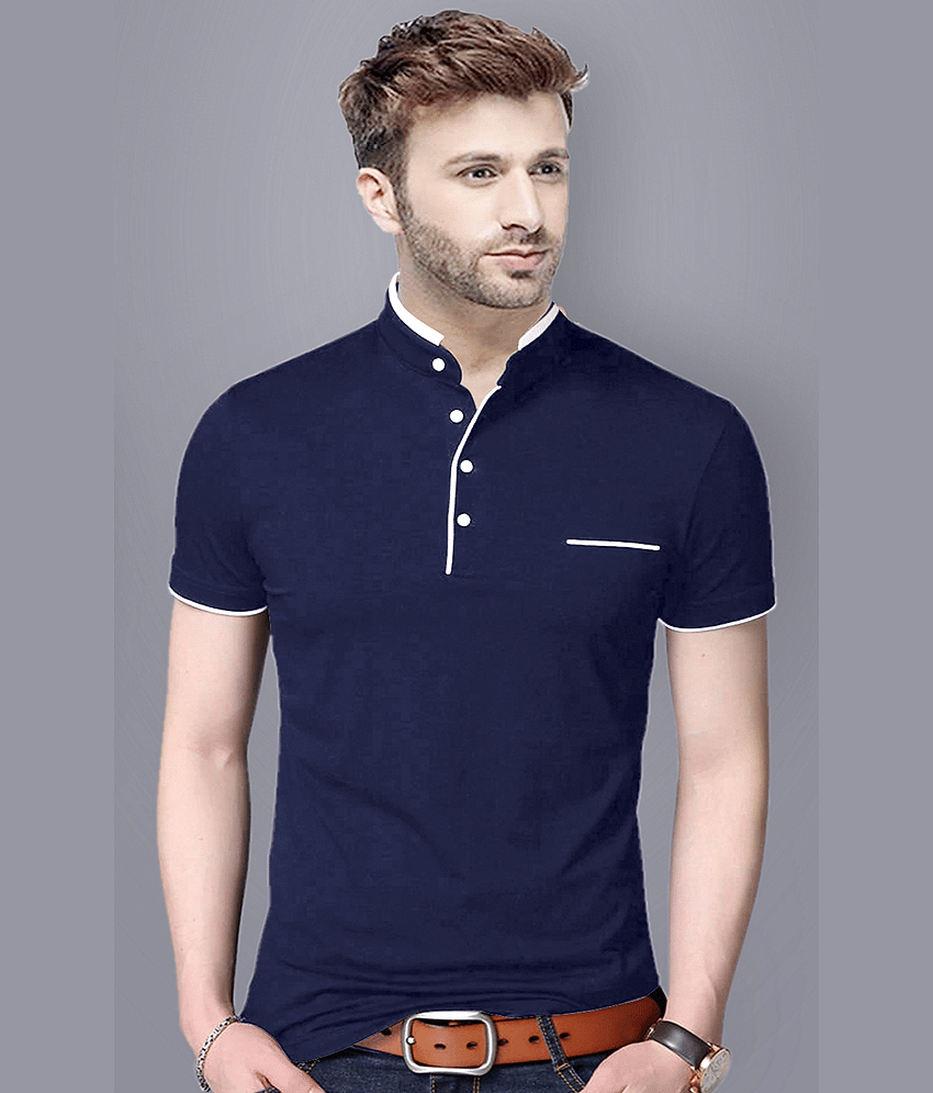 Reya Cotton Blend Regular Fit Solid Half Sleeves Men's Mandarin Collar T-Shirt - Blue ( Pack of 1 )