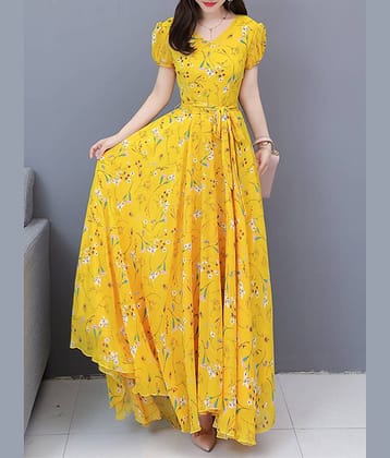 Raabta Fashion Women Georgette Printed Fit & Flare Dress ( Yellow )