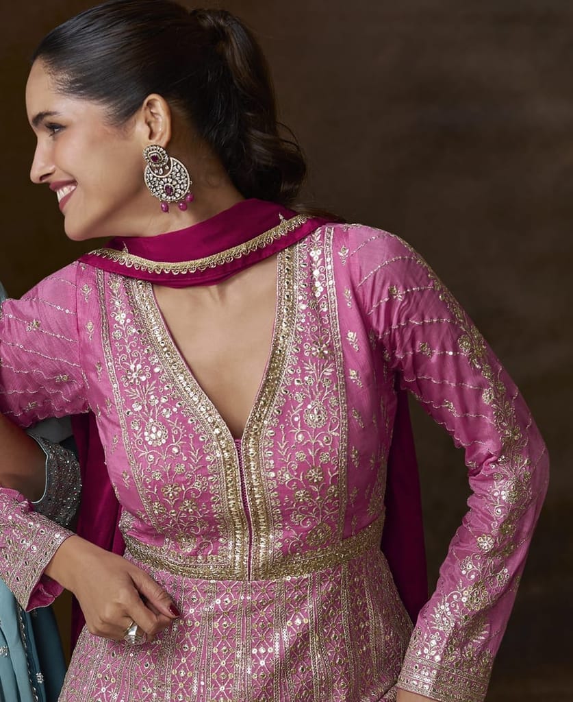 New Chinon Pink Anarkali Suit for Women – Wedding Wear