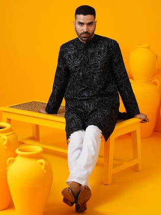 Men's Cotton Silk Kantha Thread Embroidered Black Kurta with White Pyjama-36