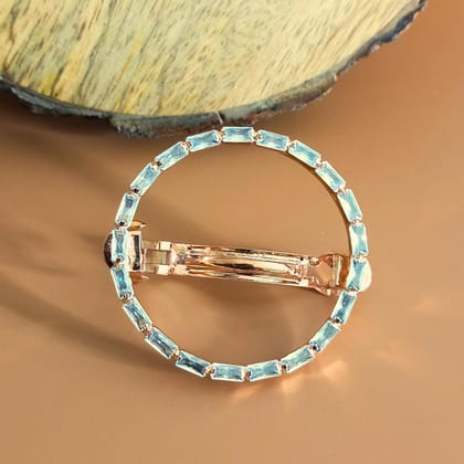 Elegant Round Crystal Hair Clip  Rose Gold Plated Barrette with Blue Baguette Cut Stones for Women & Girls