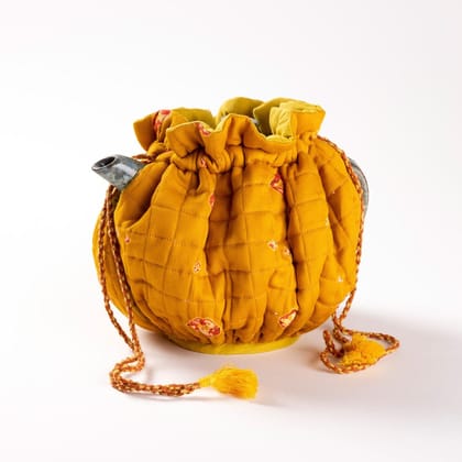 Handmade Cotton Tie and Dye Drawstring Tea Cozy Mustard 9 x 12