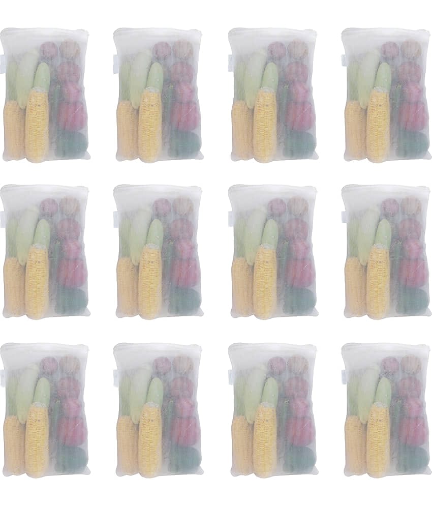 PrettyKrafts mesh Reusable Fridge Storage Bag for Fruits & Vegetables-Set of 12 (Double Layered Mesh)- White