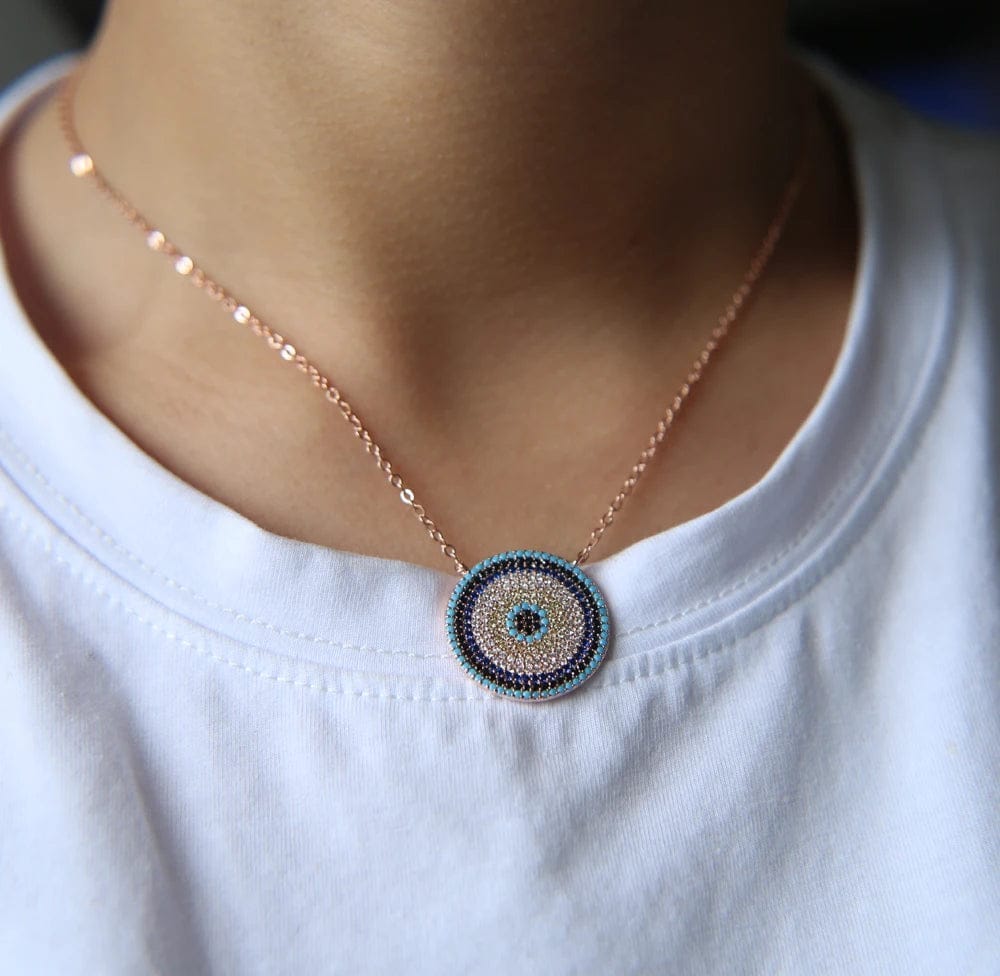 New Fashion Luxury Ladies Women Jewelry Pave Cz Round Evil Eye Pendant Necklace