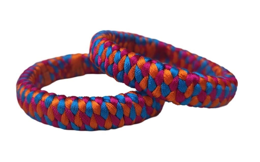 Handmade Braided Fabric Bangle in Blue, Orange and Pink