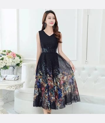 Raabta Fashion Women Georgette Printed Fit & Flare Dress ( Navy Blue )