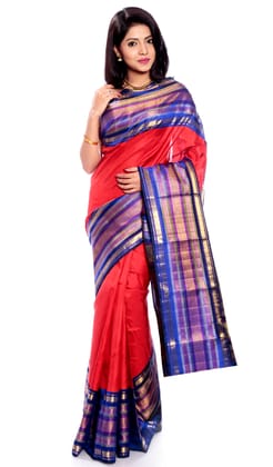 Kanchipuram Silk Saree in Red + Elegant Broad Border in Pure Gold Zari with AnnaPakshi Motifs