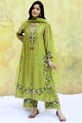 Olive Green Orchid Heavy Long Kurta-XS-34