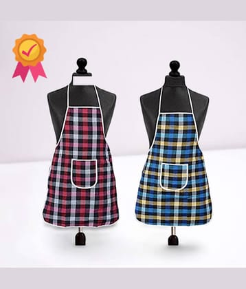 CreadCraft Cotton Checks Kitchen Apron with 1 Center Pocket ( Pack of 2 )