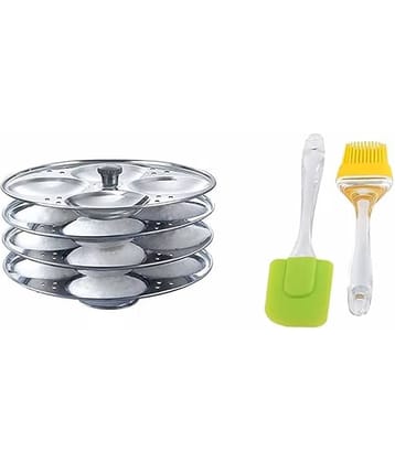 Stainless Steel Non Stick Idli Maker 4 Plate Idli Stand + Oil Brush + Spatula