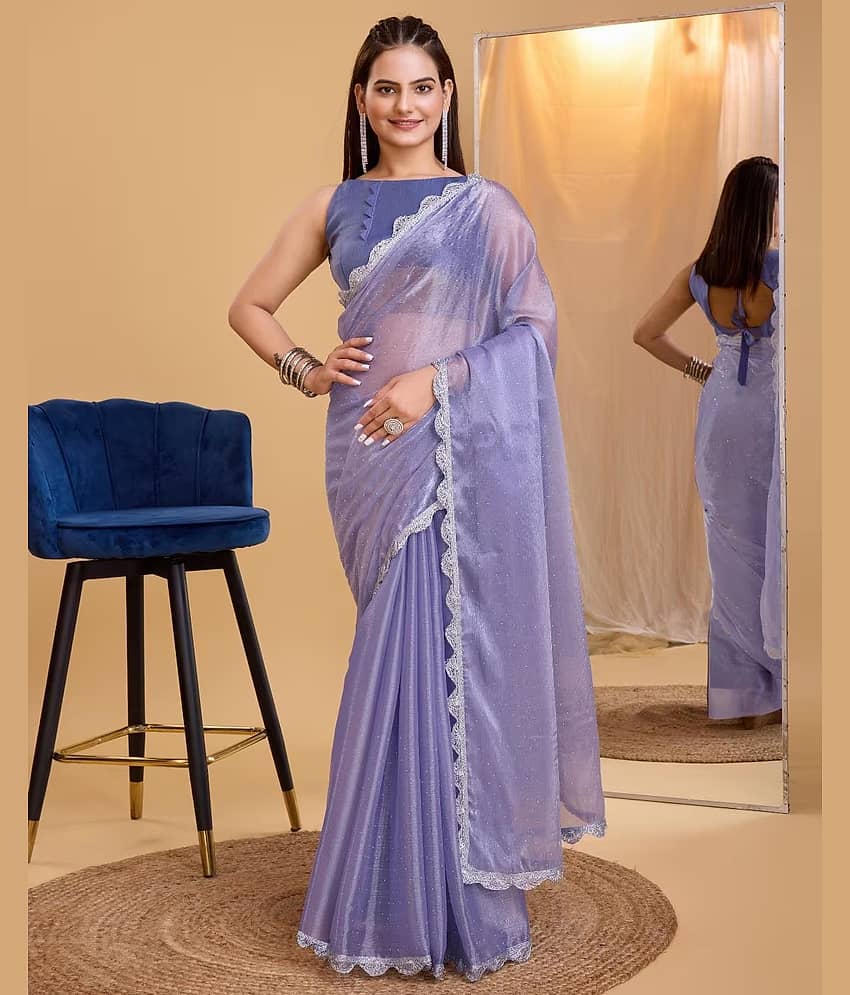 KV Fashion Net Solid Saree With Unstitched Blouse Piece ( Lavender )