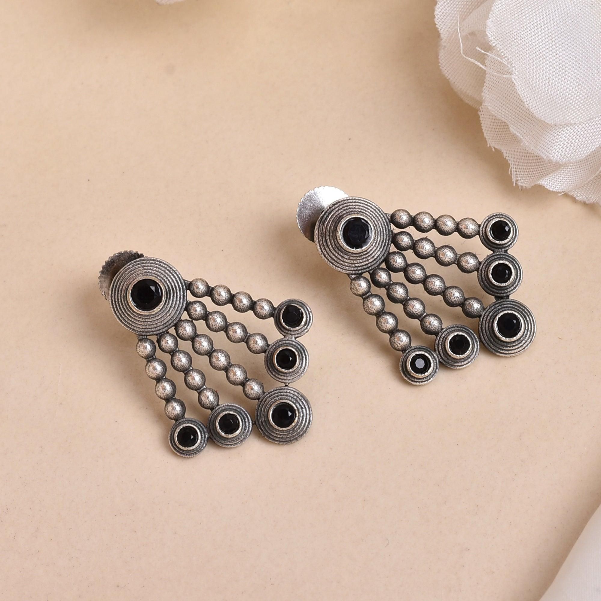 Temple Designed Stone Studded Oxidized Earrings | Sarichka-Black