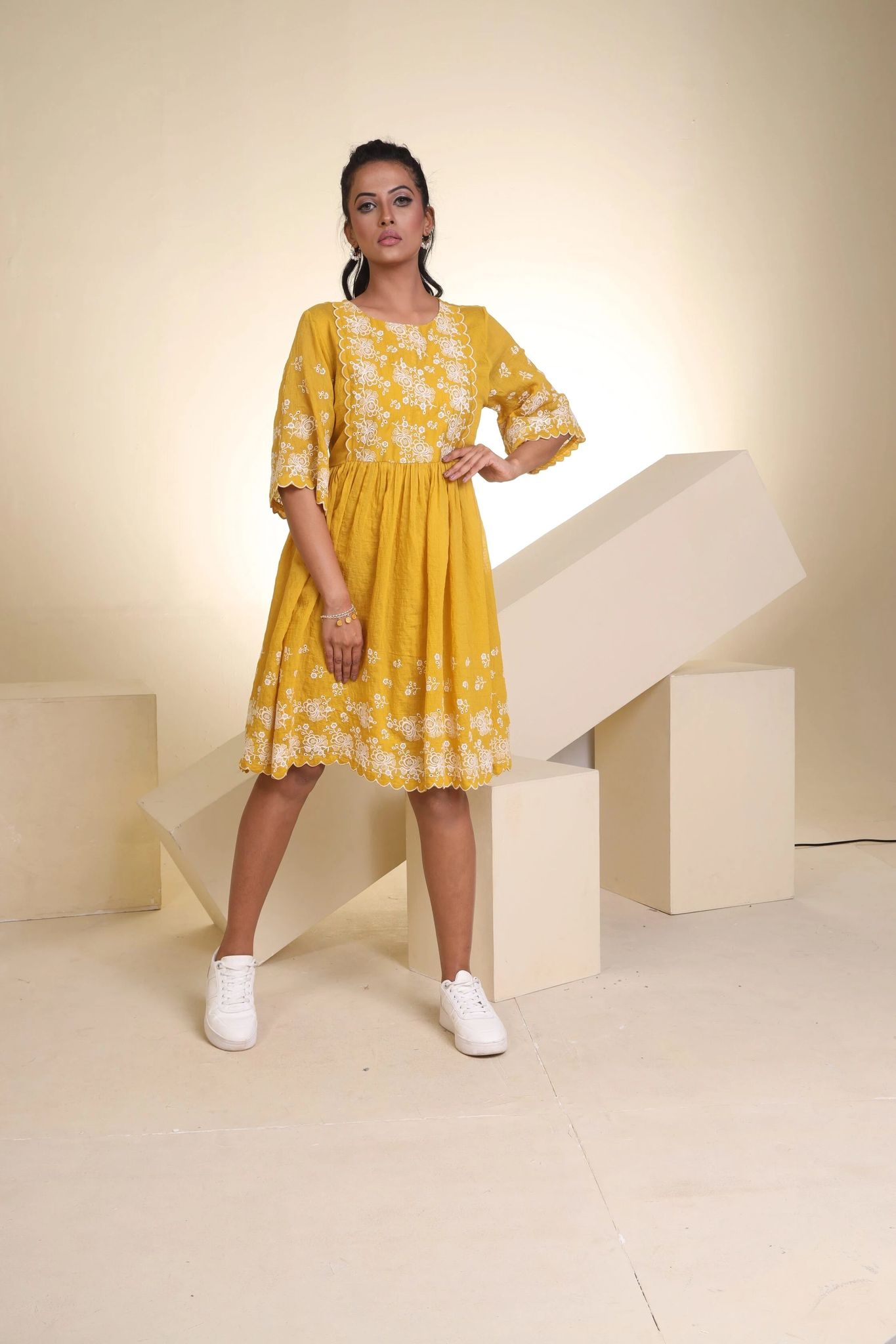 Yellow Bohemian dress with white thread embroidery-XL
