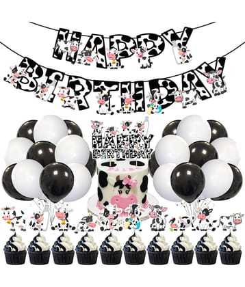 Zyozi 37 Pcs Cute Cow Theme Birthday Party Decorations for Kids Girls Include Cow Happy Birthday Banner, Cake Topper, Cupcake Toppers and Balloons for Cow Theme Birthday Party Supplies