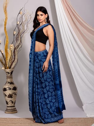 Indigo Bloom Hand Block Printed Cotton Mulmul Saree