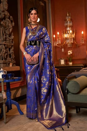 Navy Blue Pure Silk Weaving Woven Banarasi Saree