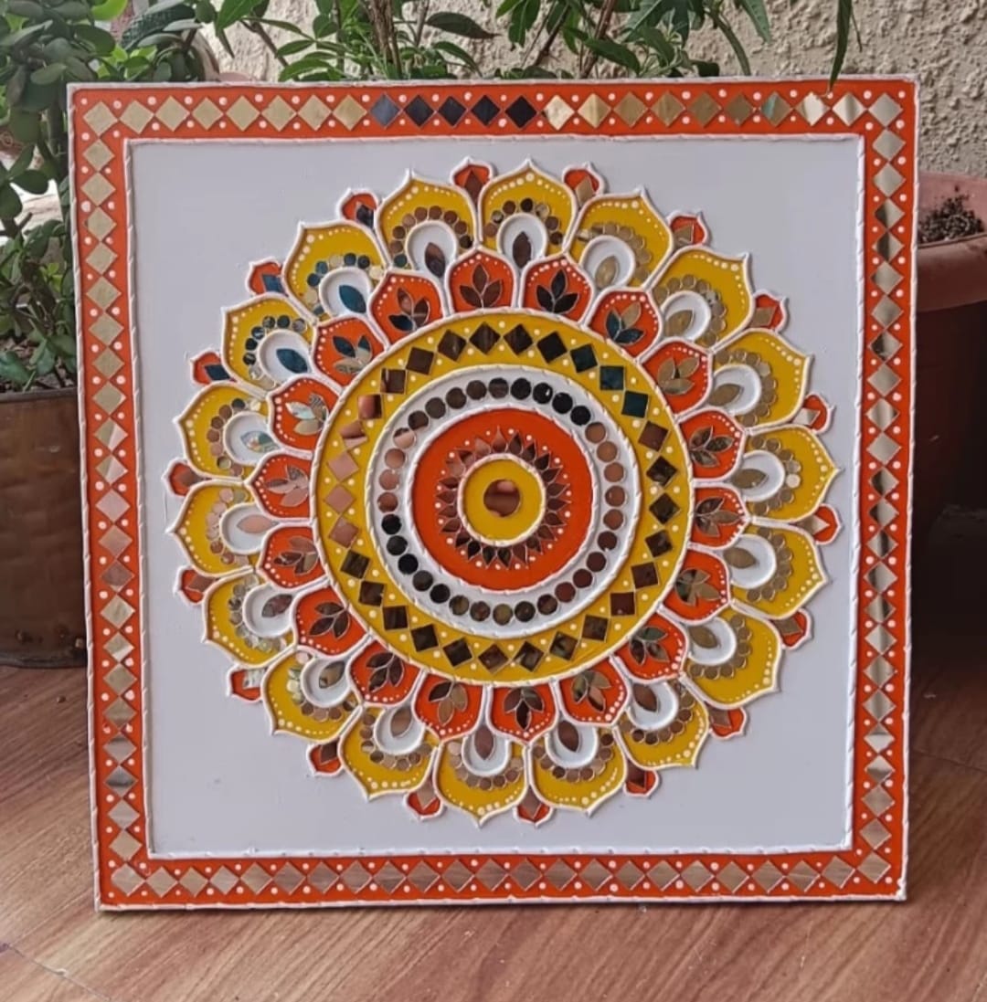MANDALA ART ORANGE-YELLOW SQUARE THEMED WITH POOR RESIN DUST PROOF AND WATER PROOF ART PACK OF ONE (12" inch)