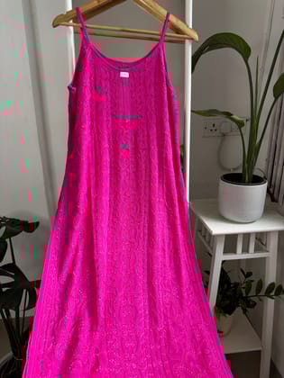 Noodle Strap Chikankari Kurti Long - Hot Pink -Rose Collection-Hot Pink / Viscose Georgette / S