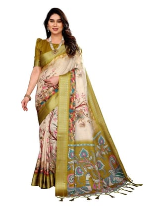 Shiv Textiles Women's Cotton Silk Digital Printed Saree in Olive Color Graphic Design Party Wear Ethnic Drape Includes Unstitched Blouse Piece Lightweight Fabric Traditional Indian Fashion