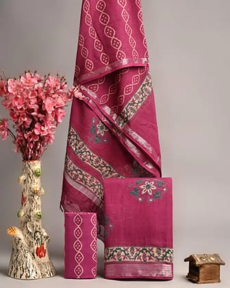 Linen Cotton Suits  Bagru Hand Block Printed Linen Suits With Zari BorderSize:-Top & Dupatta:- Linen Cotton  (2.50+2.50) mtrsBottom :-Cotton 2.50 mtrs