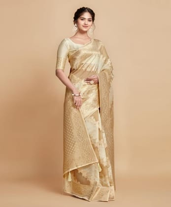 Women's Linen Printed Saree with Unstitched Blouse (Beige, 5-6 Mtrs)
