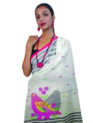 Tisser Pure Jamdani Saree  Bird Motifs with blouse piece Off White