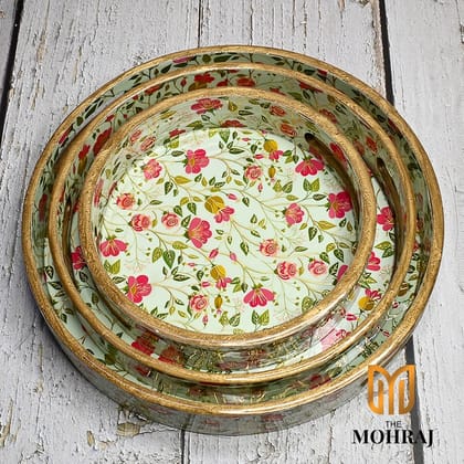 The Mohraj Blossom Round MDF Trays with Gold Foil Detailing Set of 3  