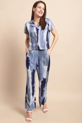 Blue & White Tie & Dye Viscose Rayon Co-ord set-S