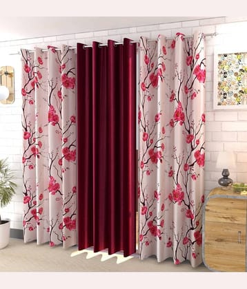 Kraftiq Homes Floral Semi-Transparent Eyelet Curtain 7 ft ( Pack of 3 ) - Red