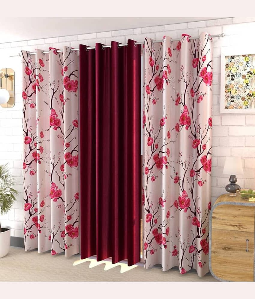 Kraftiq Homes Floral Semi-Transparent Eyelet Curtain 7 ft ( Pack of 3 ) - Red