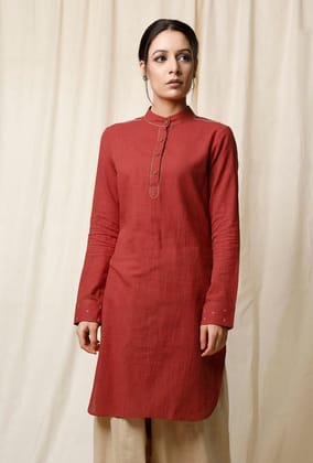 Gerua Pathani Cotton Slub Kurta-XS